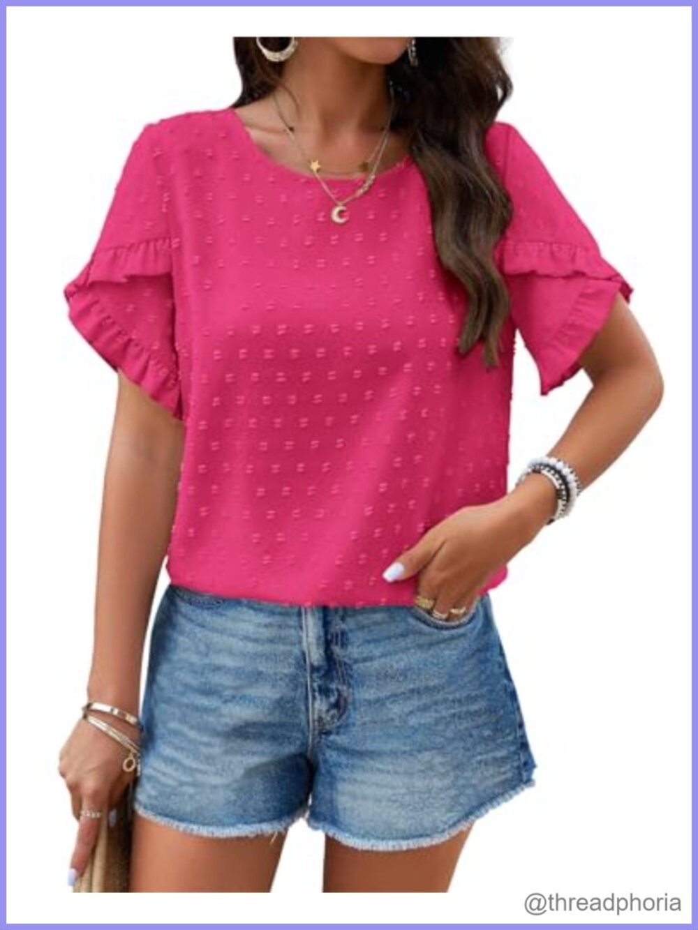 Women Summer Swiss Dot Tunic Top Ruffle Sleeve Crewneck Blouse